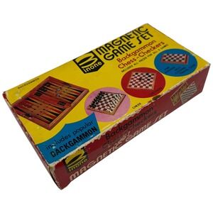 Inone Magnetic Game Set Backgammon Chess Checkers Wooden Travel Vintage 1970